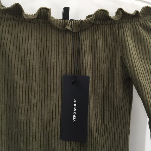 Vero Moda Women's Rib Off-The-Shoulder Bodycon Dress Ivy Green Size X-Small NWT - Picture 6 of 8
